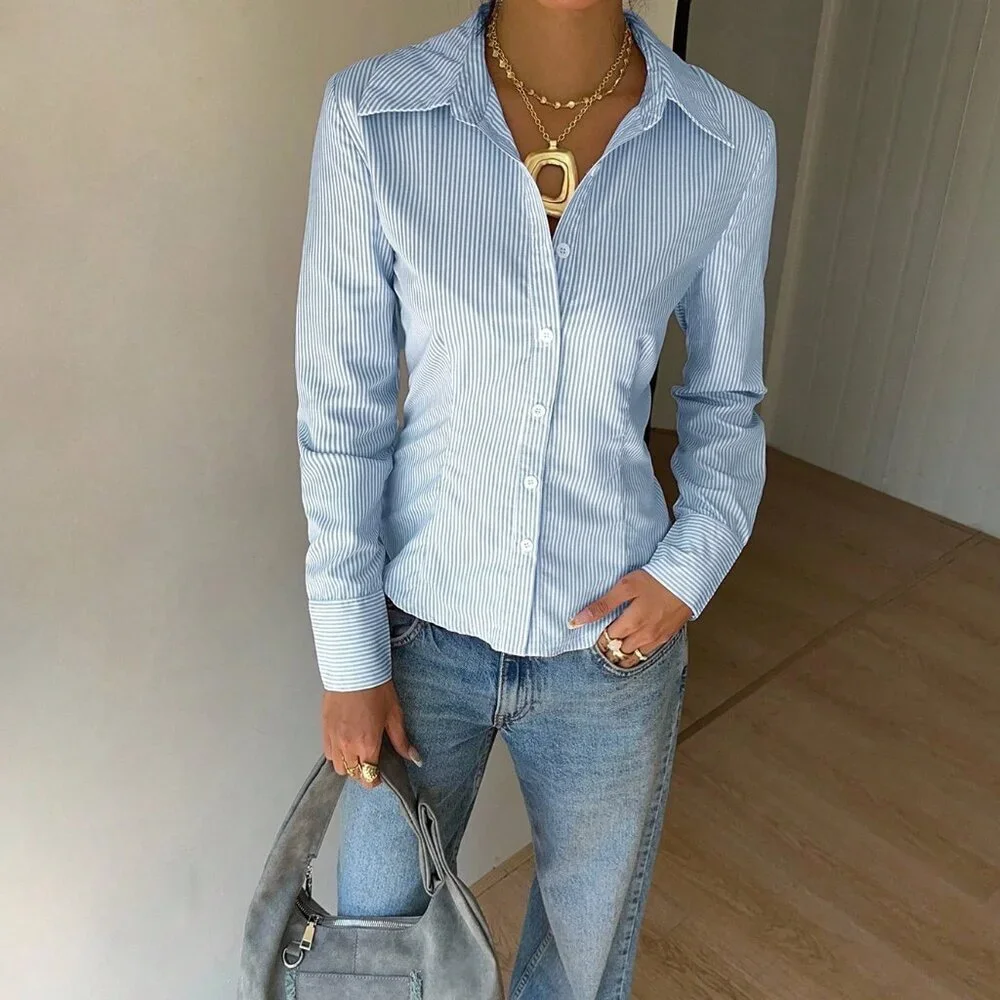 Blue Casual Women's Striped Tie-Waist Slim Fit Long Sleeve Shirt - Picture 4 of 6